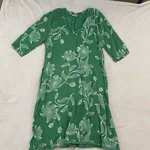 Pure Lino Italian Linen Green Floral Midi Dress XL